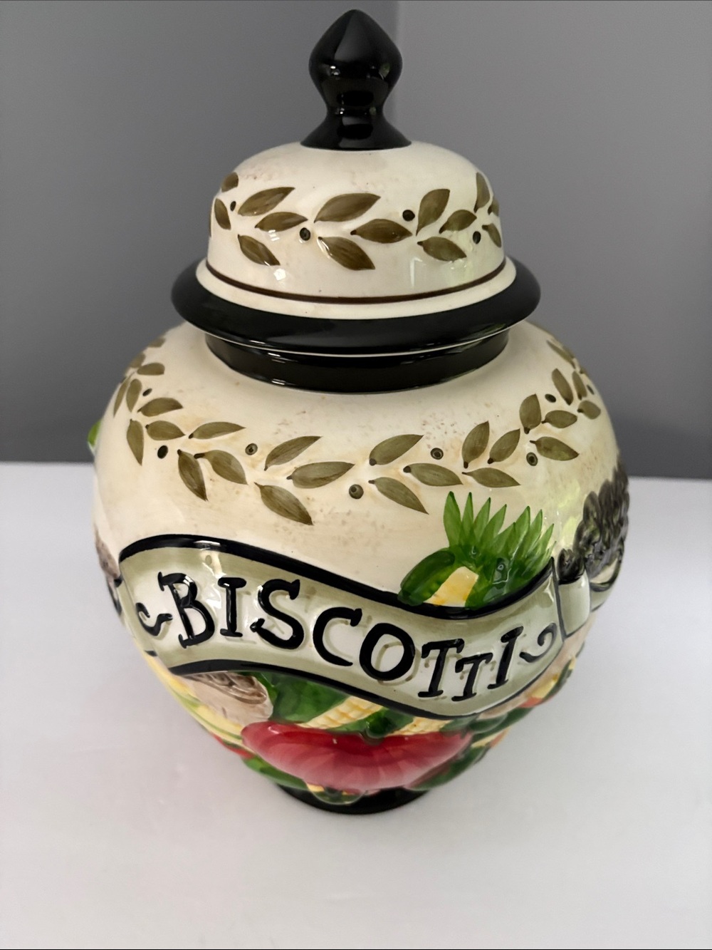 Hand-Painted Cream and Black Biscotti Cookie Jar